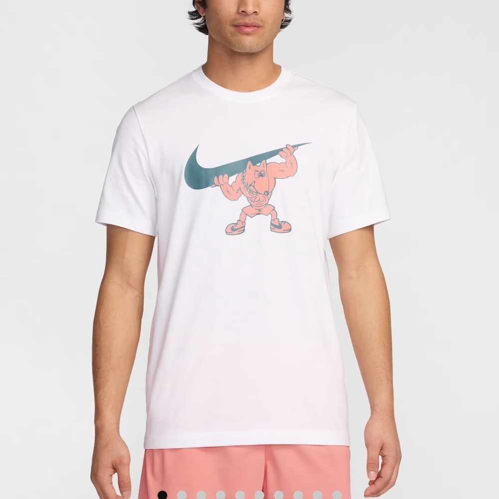 Nike HJ3680-100 White Graphic T-Shirt Man Flexing Muscle Swoosh Logo Tee